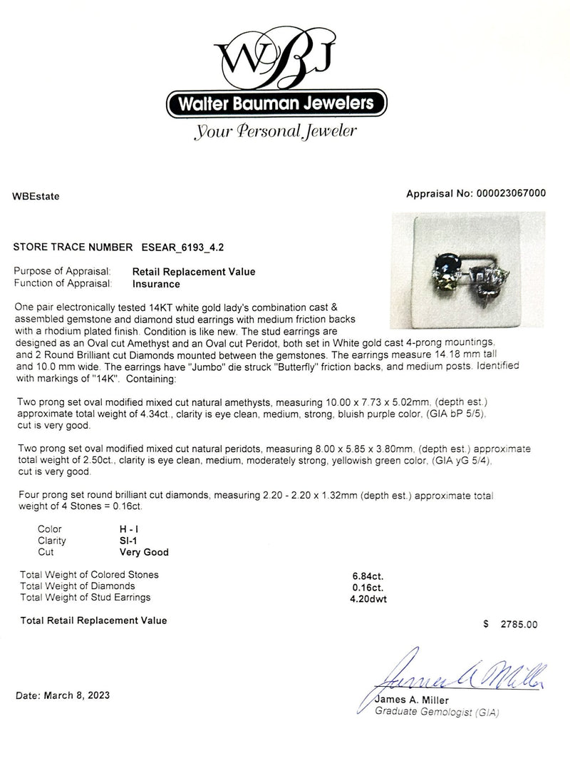 Estate 14K W Gold 4.34ctw Amethyst, 2.5ctw Peridot, & 0.16ctw H-I/SI1 Diamond Stud Earrings - Walter Bauman Jewelers