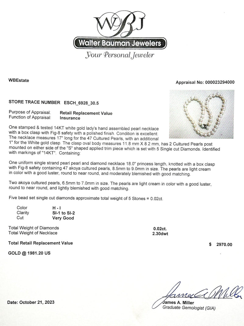 Estate 14K W Gold 8.5-9mm Akoya Pearl & 0.02cttw H-I/SI1-2 Diamond 18" Necklace - Walter Bauman Jewelers