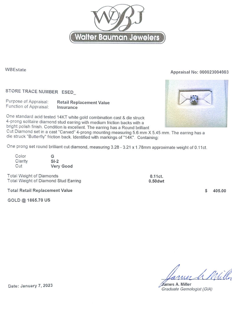 Estate 14K W Gold G/SI2 Diamond Single Stud Earring - Walter Bauman Jewelers