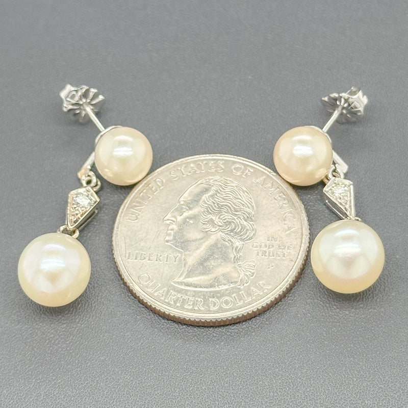 Estate 14K W Gold Pearl & 0.11cttw G/SI2 Diamond Drop Earrings - Walter Bauman Jewelers