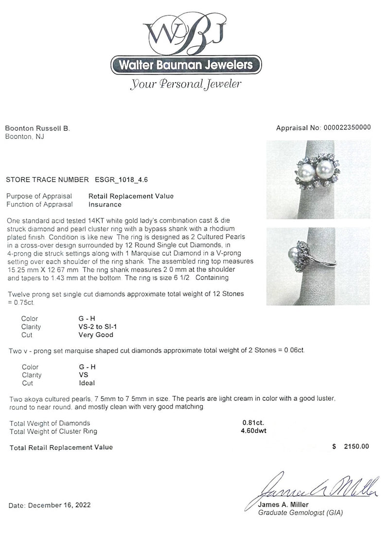 Estate 14K W Gold Pearl & 0.81ctw G-H/VS-SI1 Diamond Cocktail Ring - Walter Bauman Jewelers