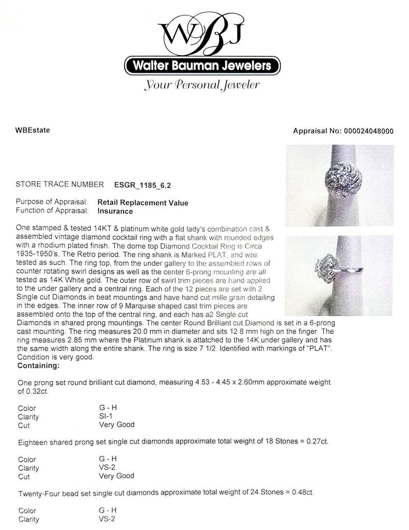 Estate 14K W Gold & Plat. 1.07ctw G-H/VS2-SI1 Diamond Cocktail Ring - Walter Bauman Jewelers