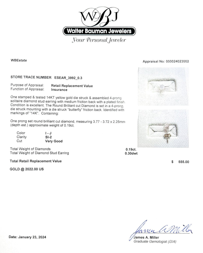 Estate 14K Y Gold 0.19ct I-J/SI2 Diamond Single Stud Earring - Walter Bauman Jewelers