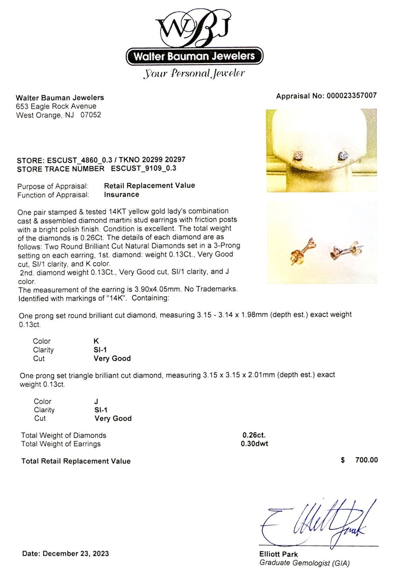 Estate 14K Y Gold 0.26cttw J-K/SI1 Diamond Stud Earrings - Walter Bauman Jewelers