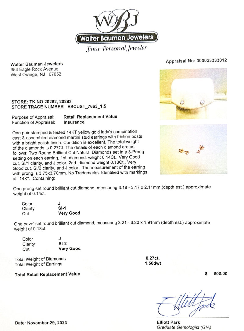 Estate 14K Y Gold 0.27cttw J/SI1-2 Diamond Stud Earrings - Walter Bauman Jewelers