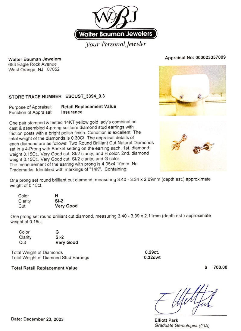 Estate 14K Y Gold 0.29cttw G-H/SI2 Diamond Stud Earrings - Walter Bauman Jewelers