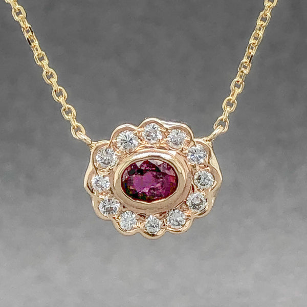Estate 14K Y Gold 0.32ct Ruby & 0.30cttw G-H/SI1 Diamond Halo Necklace - Walter Bauman Jewelers