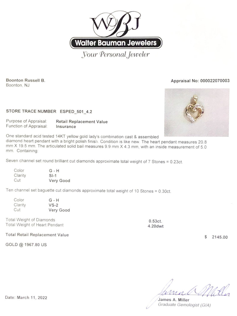 Estate 14K Y Gold 0.53cttw G-H/SI1-VS2 Diamond Heart Pendant - Walter Bauman Jewelers