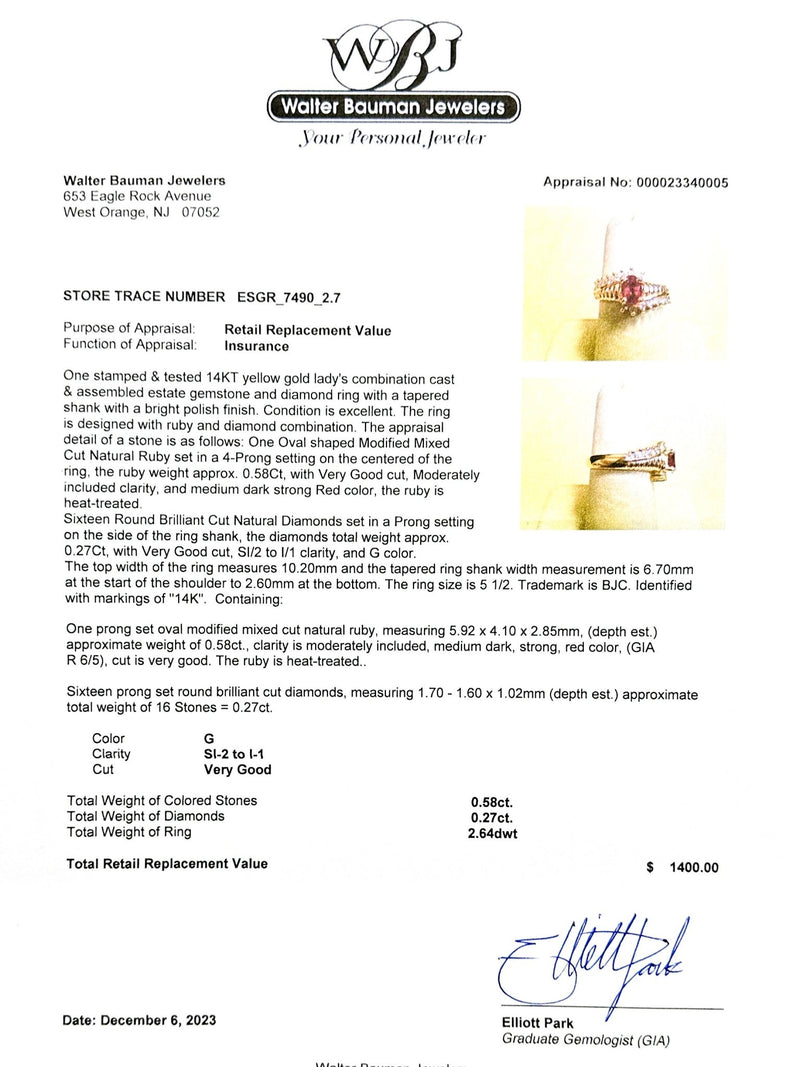 Estate 14K Y Gold 0.58ct Ruby & 0.27cttw G/SI2-I1 Diamond Ring - Walter Bauman Jewelers