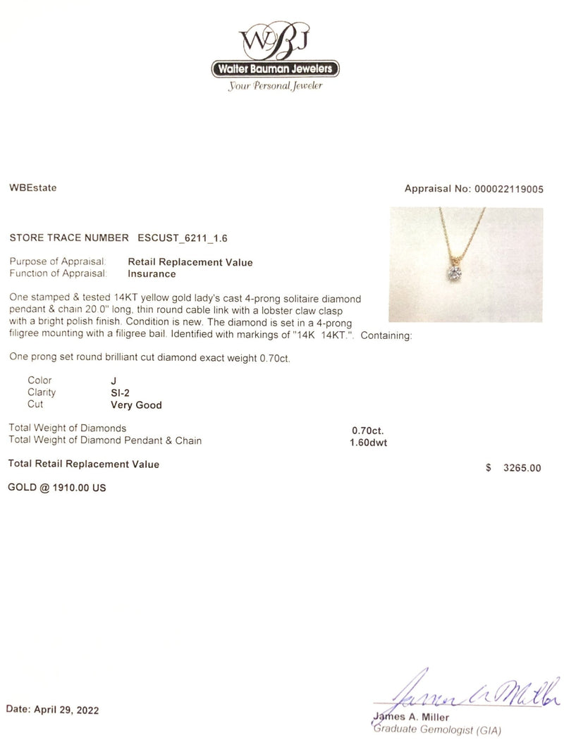 Estate 14K Y Gold 0.70ct J/SI2 Diamond Solitaire Pendant - Walter Bauman Jewelers