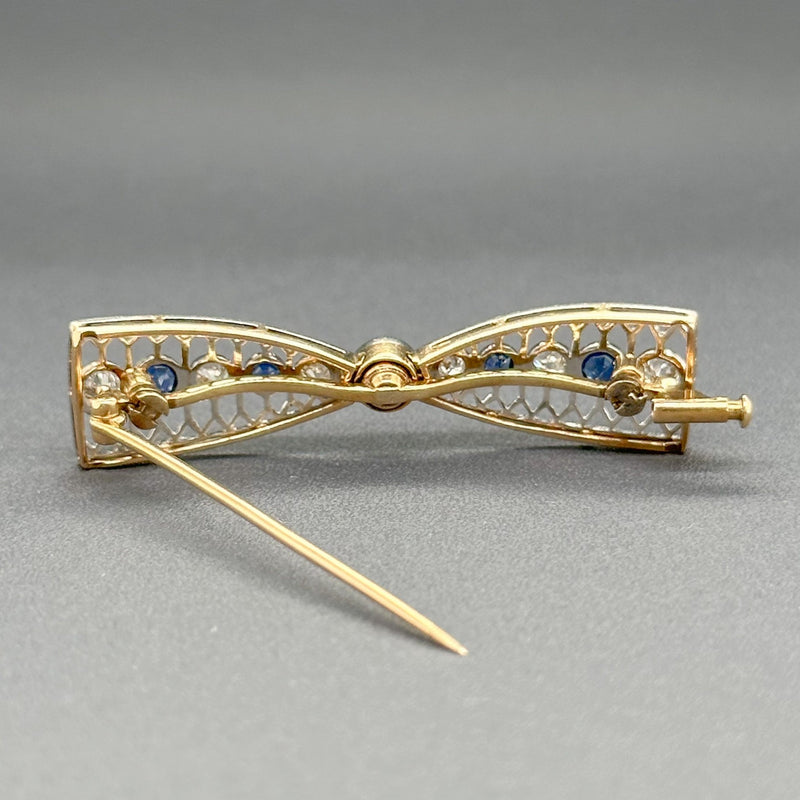 Estate 14K Y Gold 0.84cttw Sapphire & 0.55cttw G-H/SI1-2 Diamond Bow Pin - Walter Bauman Jewelers