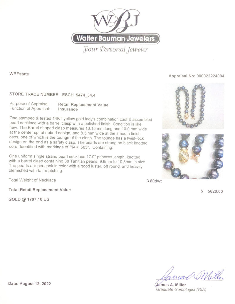 Estate 14K Y Gold 10.5mm 17" Tahitian Pearl Necklace - Walter Bauman Jewelers