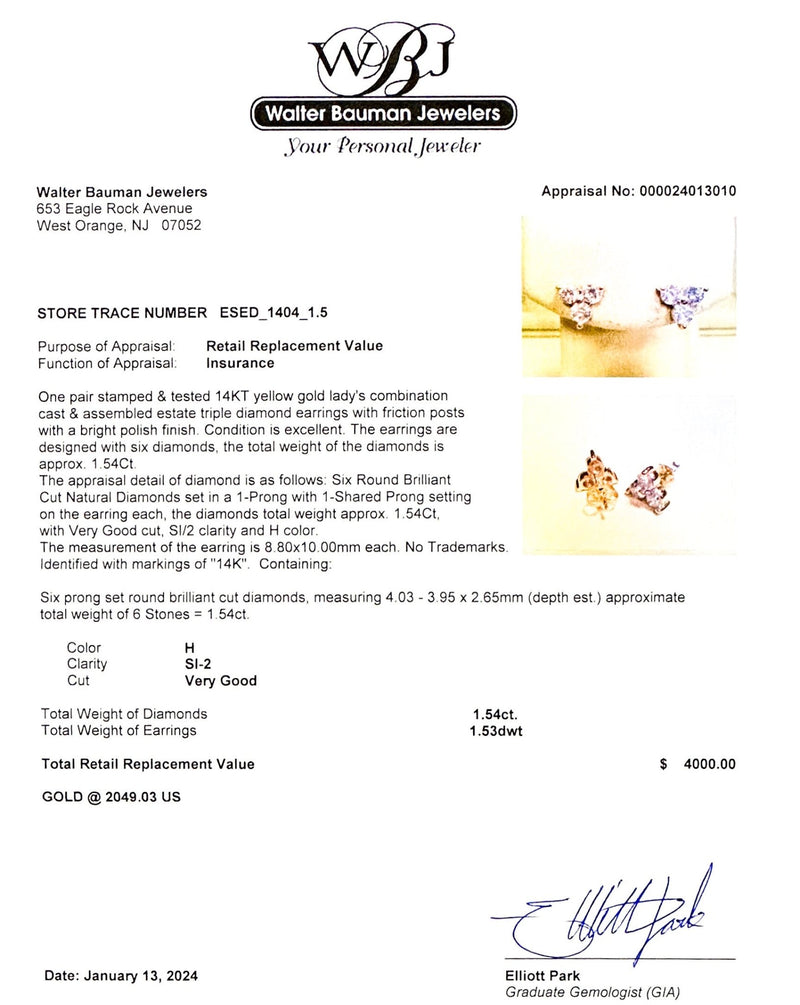 Estate 14K Y Gold 1.54cttw H/SI2 Diamond Triangle Stud Earrings - Walter Bauman Jewelers
