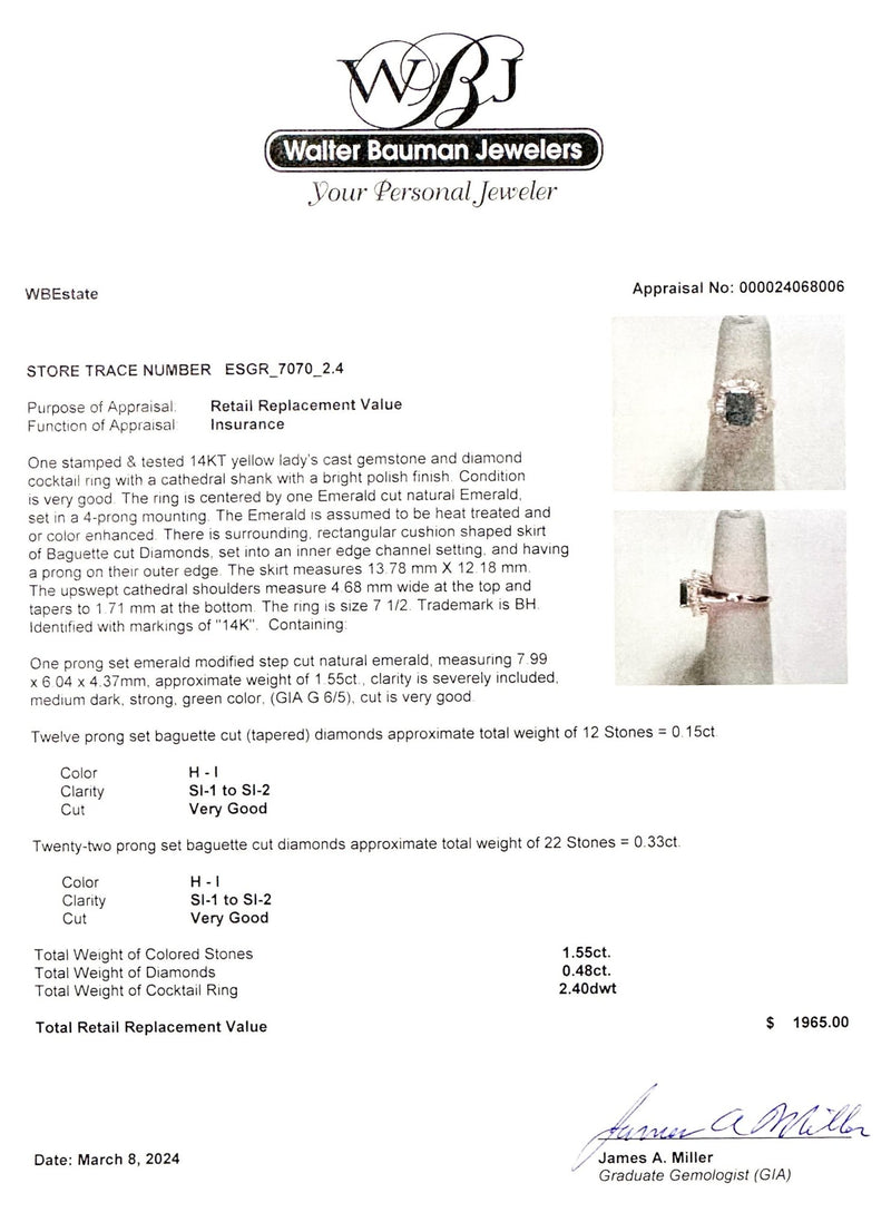 Estate 14K Y Gold 1.55ct Emerald & 0.48ctw H-I/SI1-2 Diamond Ring - Walter Bauman Jewelers