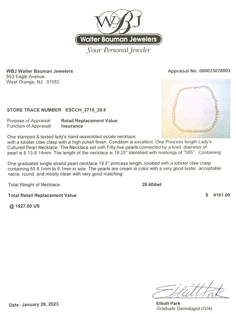 Estate 14K Y Gold 19" 8mm Akoya Pearl Necklace - Walter Bauman Jewelers