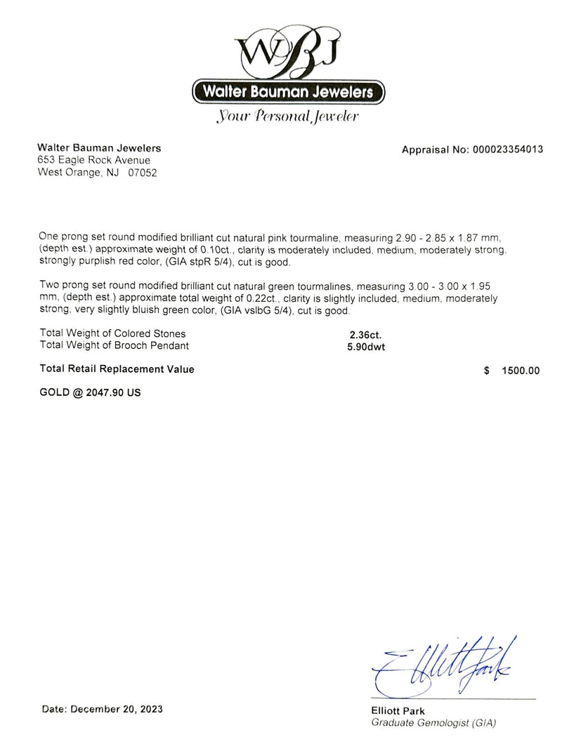 Estate 14K Y Gold 2.36cttw Multicolor Tourmaline Filigree Pin - Walter Bauman Jewelers