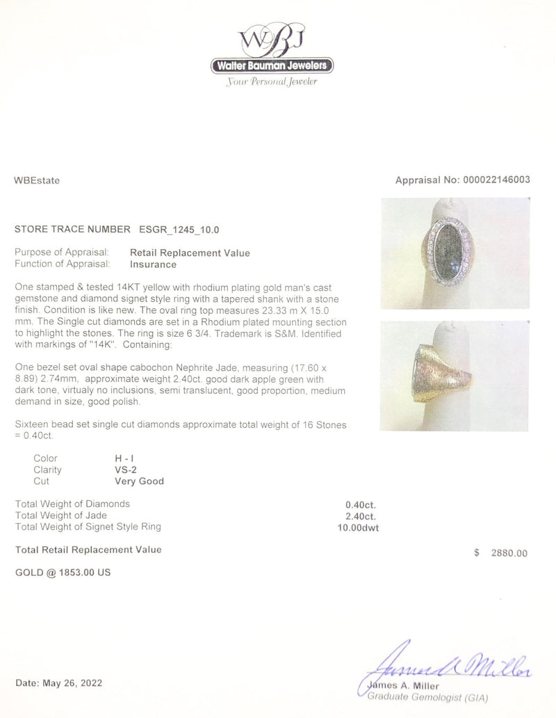 Estate 14K Y Gold 2.4ct Nephrite & 0.4cttw H-I/VS2 Diamond Men's Ring - Walter Bauman Jewelers