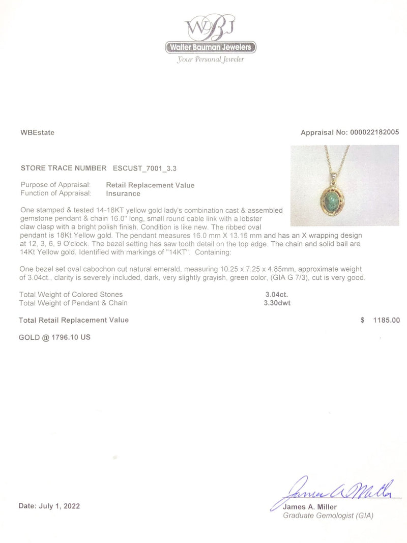 Estate 14K Y Gold 3.04ct Emerald Cabochon Pendant - Walter Bauman Jewelers