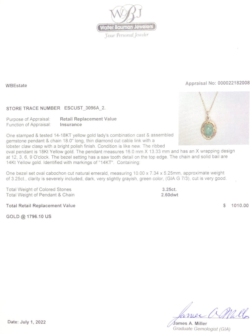 Estate 14K Y Gold 3.25ct Emerald Cabochon Pendant - Walter Bauman Jewelers