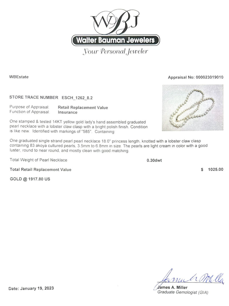 Estate 14K Y Gold 3.5-6.8mm Akoya Pearl 18" Necklace - Walter Bauman Jewelers