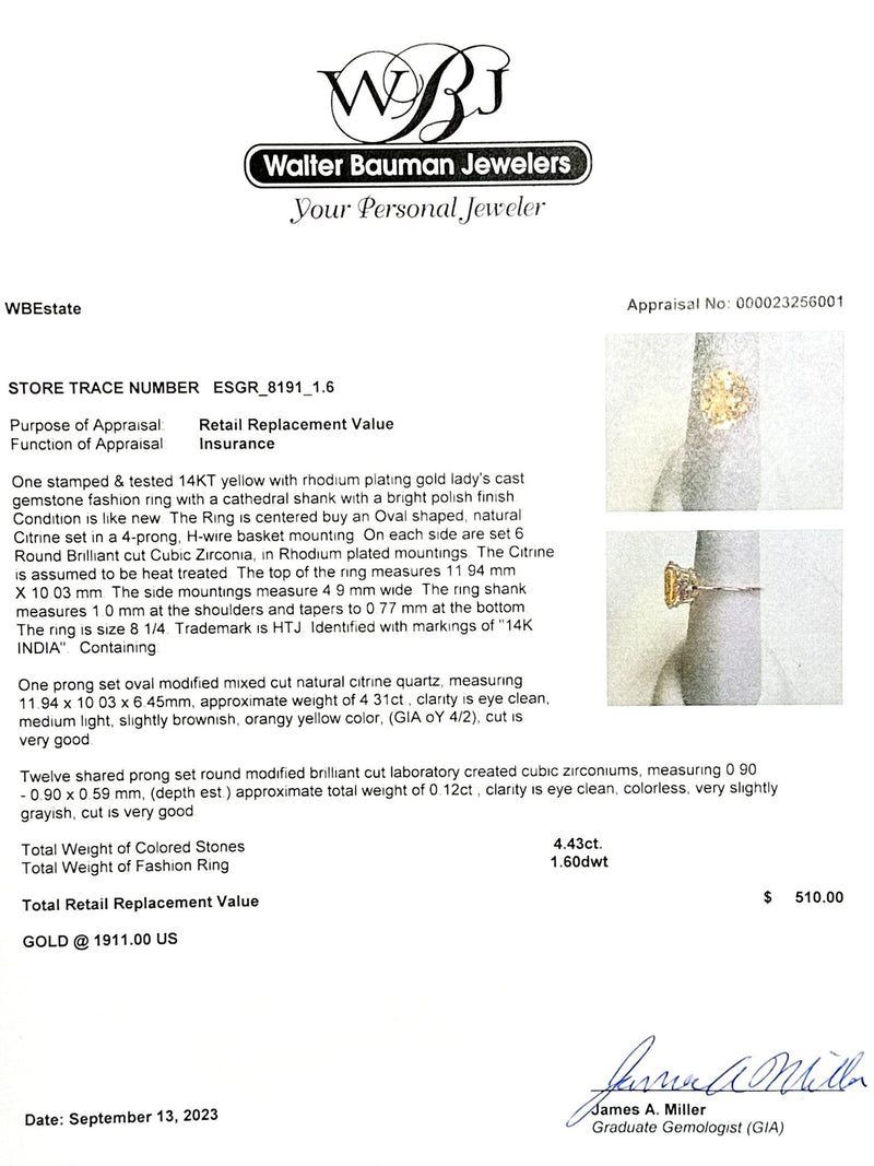 Estate 14K Y Gold 4.31ct Citrine & 0.12cttw CZ Cocktail Ring - Walter Bauman Jewelers