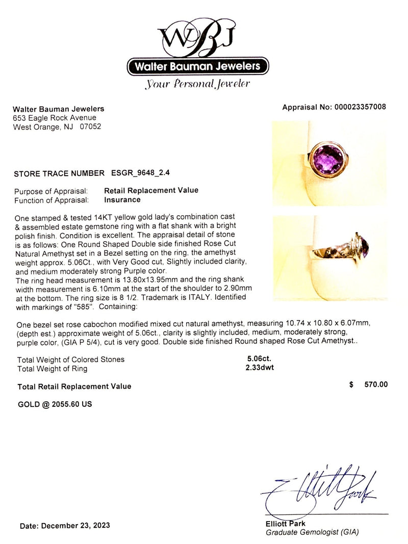 Estate 14K Y Gold 5.06ct Amethyst Ring - Walter Bauman Jewelers