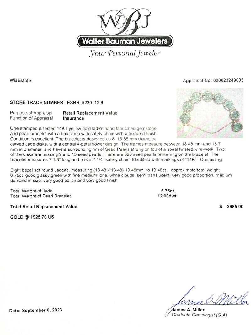 Estate 14K Y Gold 6.75cttw Jade & Seed Pearl Bracelet - Walter Bauman Jewelers