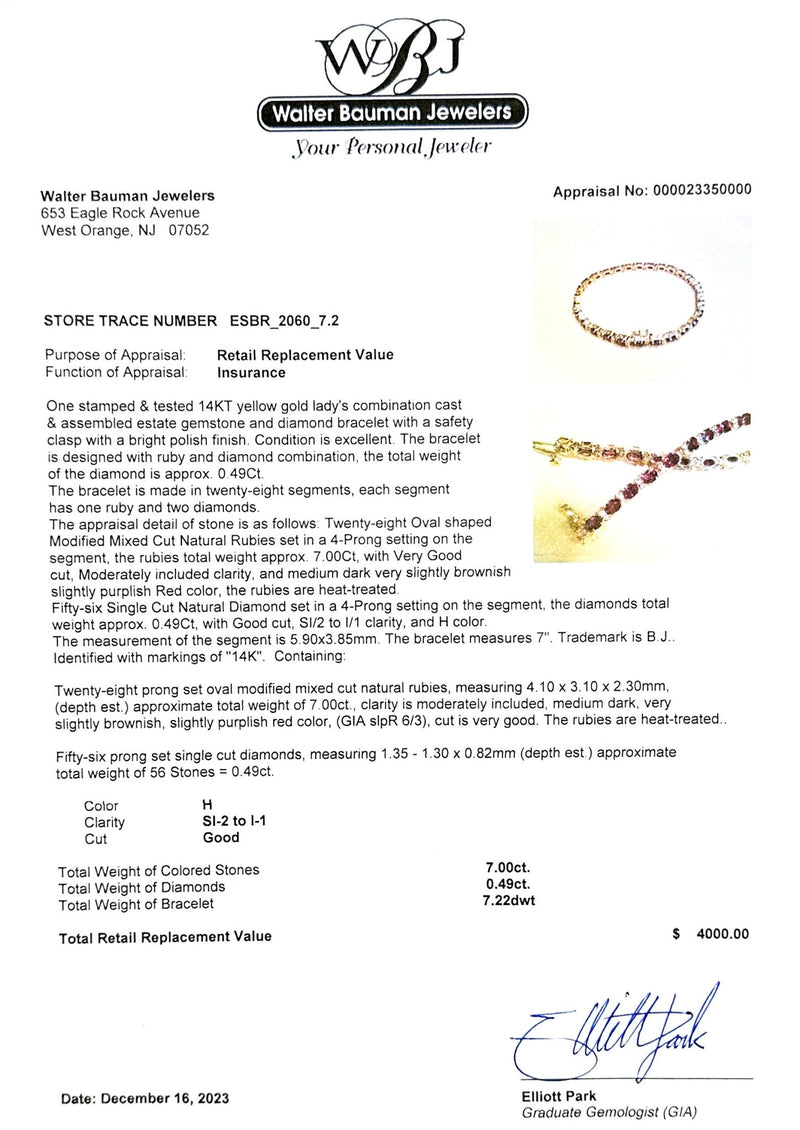 Estate 14K Y Gold 7.00cttw Ruby & 0.49cttw H/SI2-I1 Diamond Bracelet - Walter Bauman Jewelers