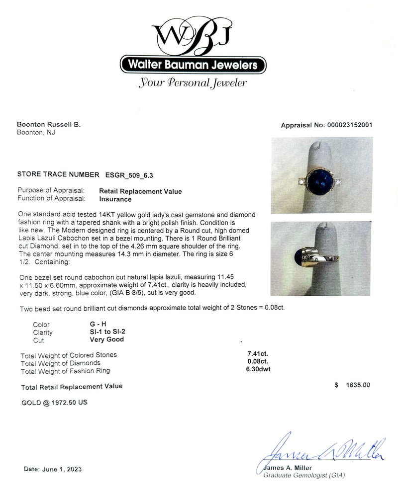 Estate 14K Y Gold 7.41ct Lapis Lazuli & 0.08cttw G-H/SI1-2 Diamond Cocktail Ring - Walter Bauman Jewelers