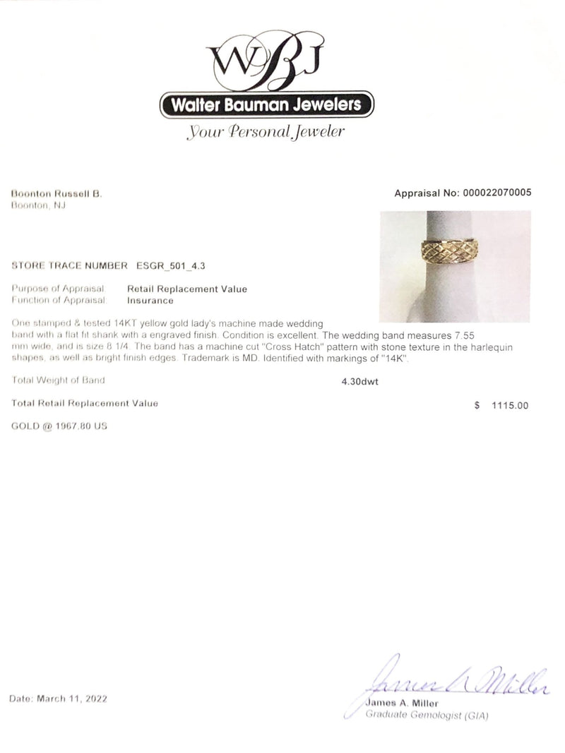 Estate 14K Y Gold Crosshatch Engraved 7.55mm Wedding Band - Walter Bauman Jewelers