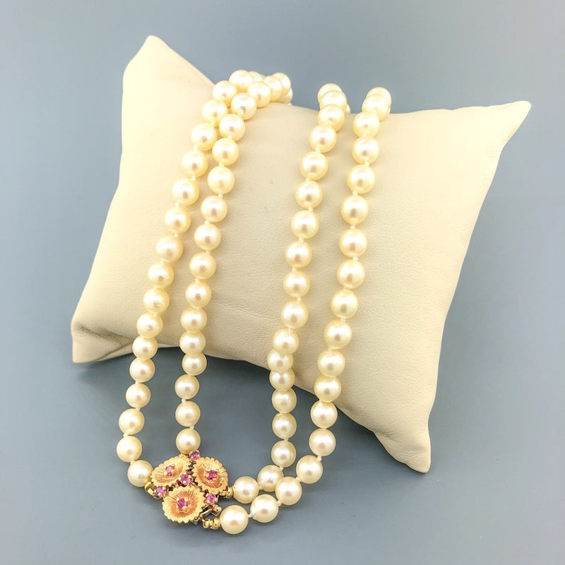 Estate 14k YG 0.28cttw Ruby Flower 6mm Double Strand Pearl Necklace - Walter Bauman Jewelers
