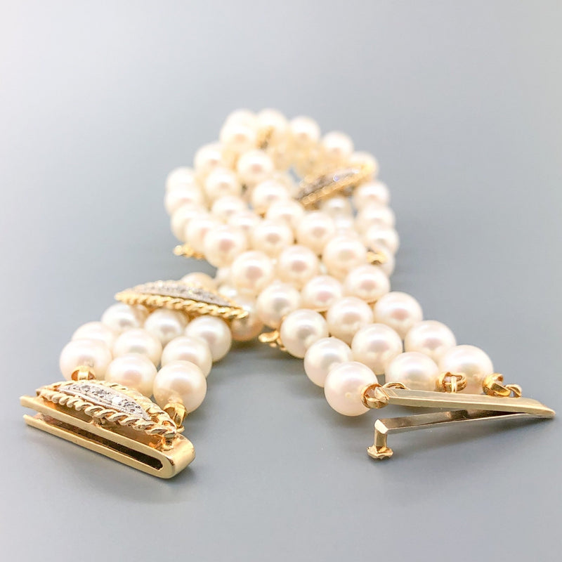 Estate 14k YG Triple Strand 5.5-6mm Cultured Pearl Bracelet w/ Diamonds - Walter Bauman Jewelers