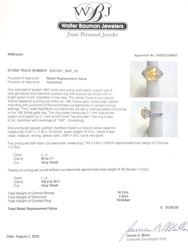 Estate 18K TT 14.31ct Sapphire & 2.52cttw I-J/VS2-SI1 Diamond Cocktail Ring - Walter Bauman Jewelers