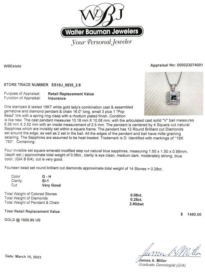 Estate 18K W Gold 0.28ctw G-H/SI1 Diamond & 0.08ctw Sapphire Pendant - Walter Bauman Jewelers