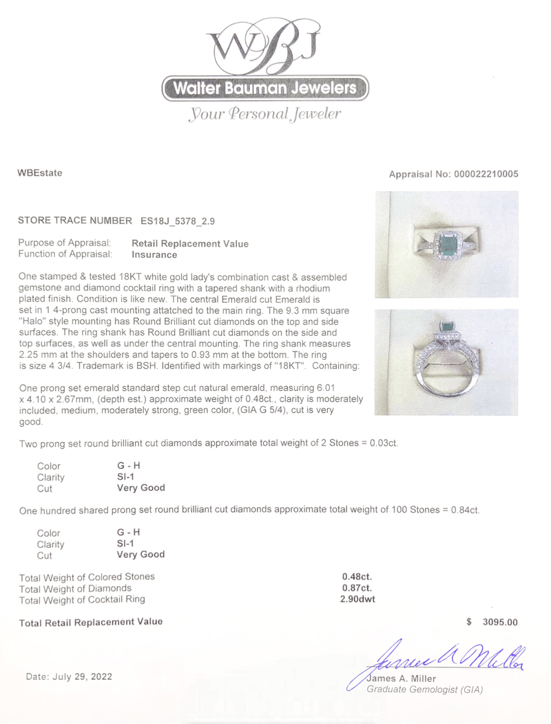 Estate 18K W Gold 0.87cttw G-H/SI1 Diamond & 0.48ct Emerald Halo Ring - Walter Bauman Jewelers