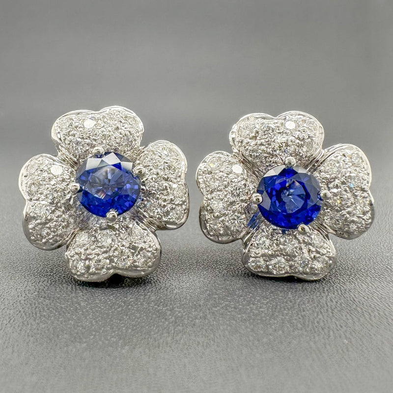 Estate 18K W Gold 2.48cttw Sapphire & 1.87cttw G/VS2-SI1 Diamond Flower Clip-on Earrings - Walter Bauman Jewelers