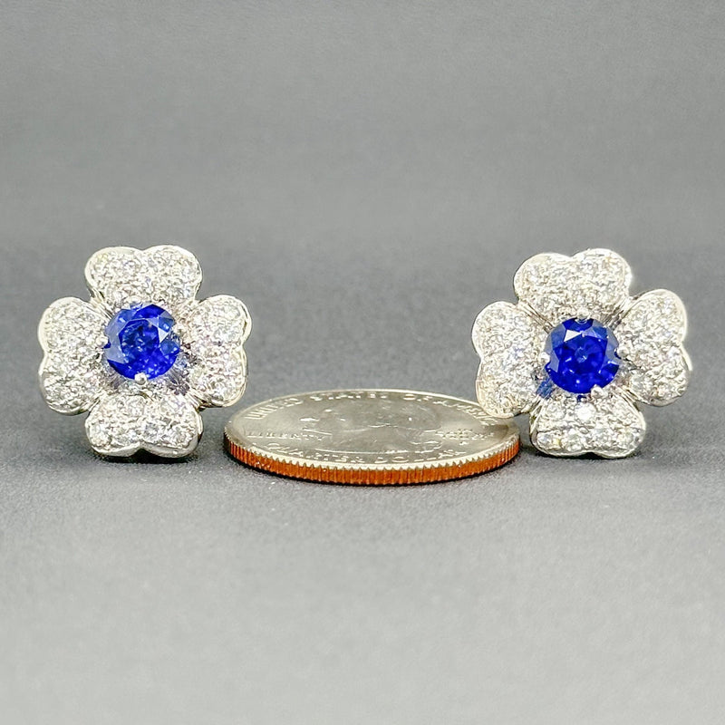 Estate 18K W Gold 2.48cttw Sapphire & 1.87cttw G/VS2-SI1 Diamond Flower Clip-on Earrings - Walter Bauman Jewelers