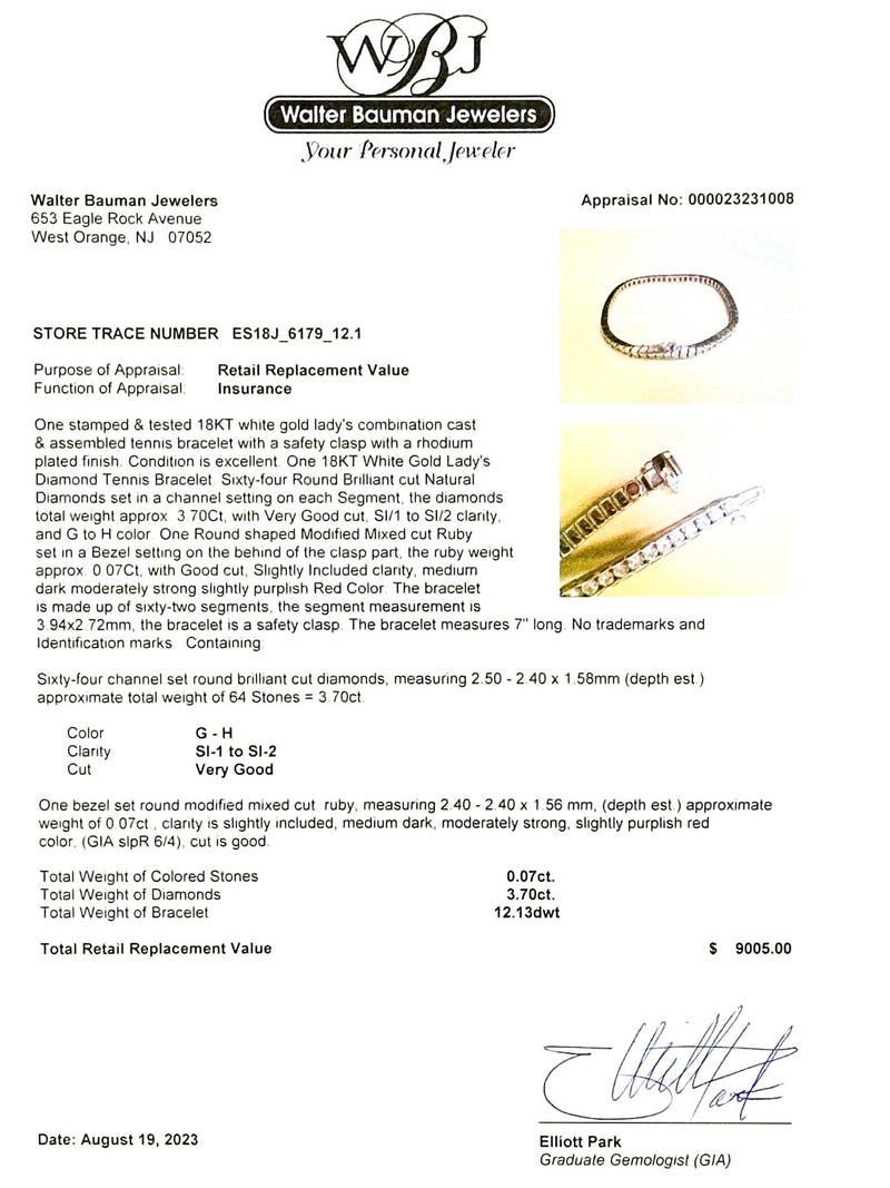 Estate 18K W Gold 3.70cttw G-H/SI1-2 Diamond & 0.07ct Ruby Tennis Bracelet - Walter Bauman Jewelers