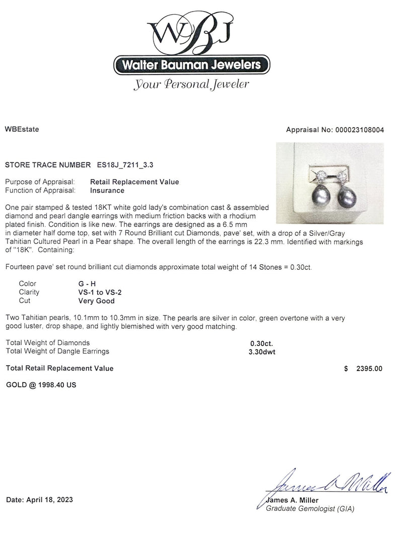 Estate 18K W Gold Tahitian Pearl & 0.30cttw G-H/VS1-2 Diamond Earrings - Walter Bauman Jewelers