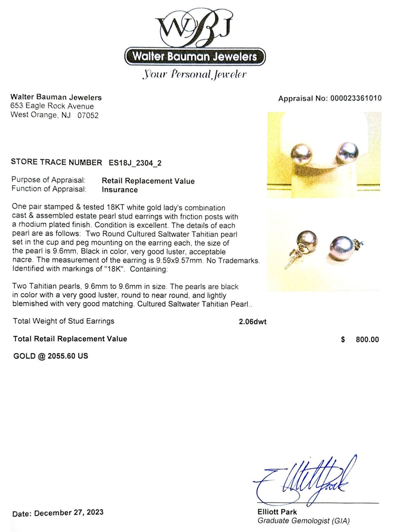 Estate 18K W Gold Tahitian Pearl Stud Earrings - Walter Bauman Jewelers