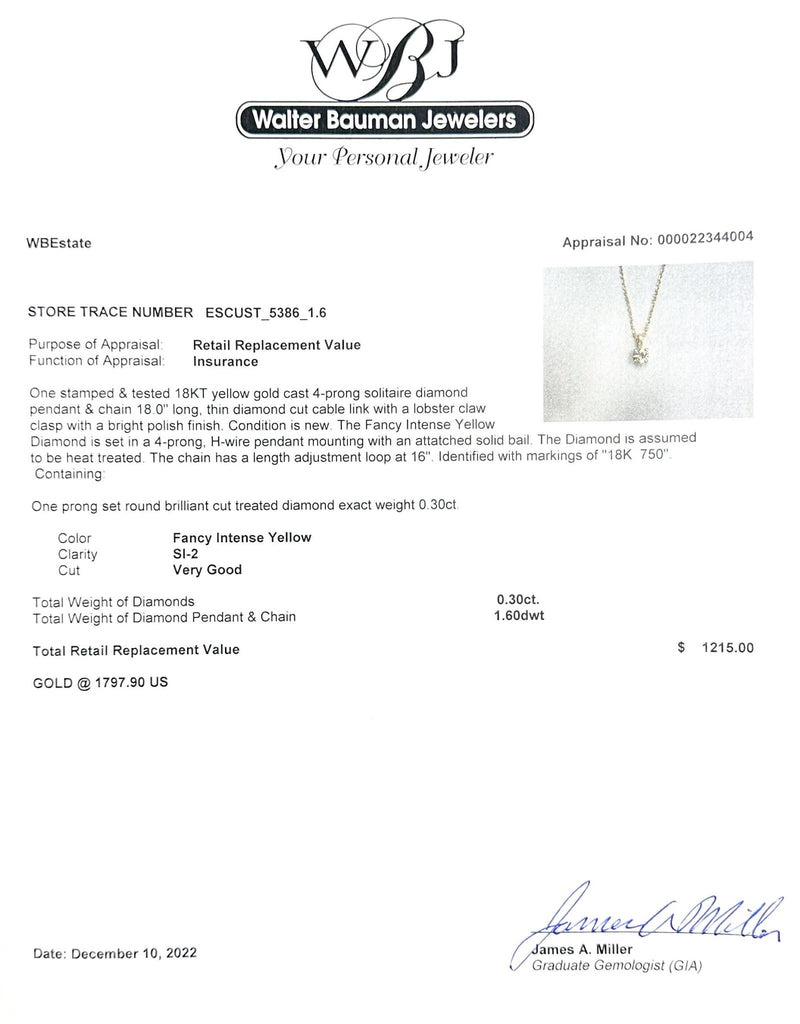 Estate 18K Y Gold 0.3ct RBC Fancy Yellow/SI2 Diamond Pendant - Walter Bauman Jewelers