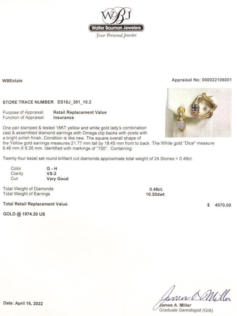 Estate 18K Y Gold 0.48cttw G-H/VS2 Diamond Hoop Earrings - Walter Bauman Jewelers