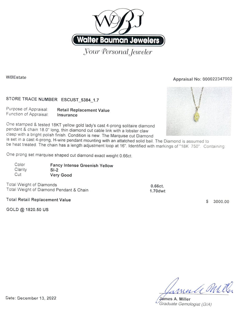 Estate 18K Y Gold 0.66ct Marq. Yellow/SI2 Diamond Pendant - Walter Bauman Jewelers