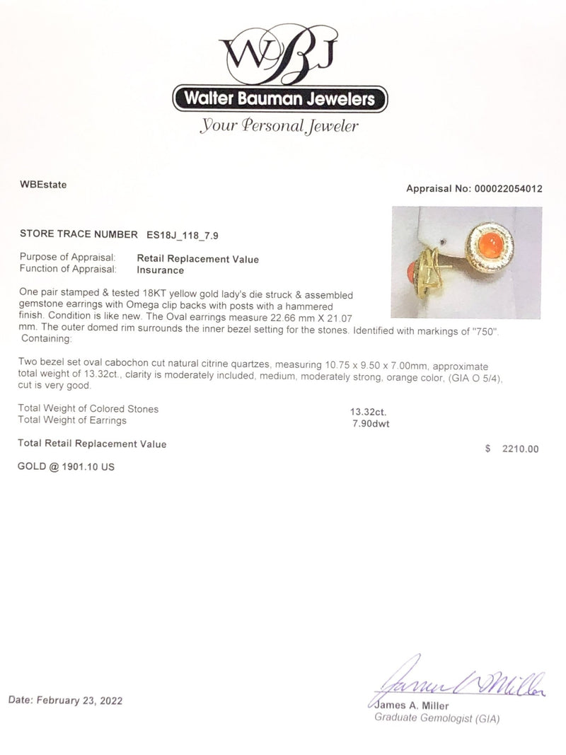 Estate 18K Y Gold 13.32cttw Citrine Button Earrings - Walter Bauman Jewelers