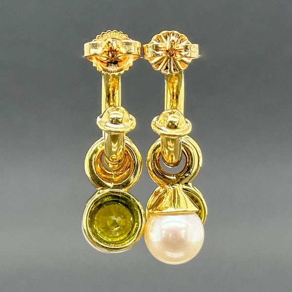 Estate 18K Y Gold 1.40cttw Peridot & Akoya Pearl Dangle Hoop Earrings - Walter Bauman Jewelers