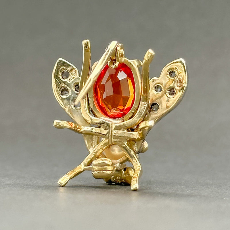 Estate 18K Y Gold 2.02ct Orange Lab-Created Sapphire, Akoya Pearl & 0.16cttw L-M/SI1-2 Diamond Bee Pin - Walter Bauman Jewelers