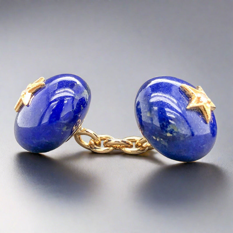 Estate 18K Y Gold 24cttw Lapis Lazuli & 0.10cttw G-H/VS2 Diamond Chain Cufflinks - Walter Bauman Jewelers