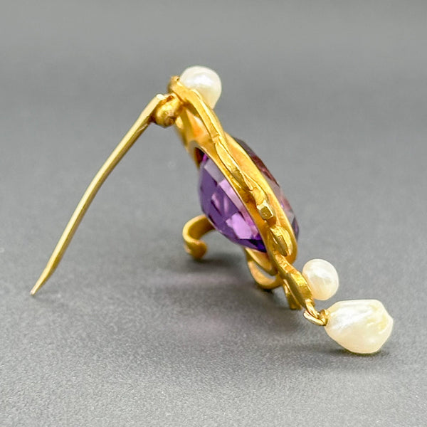 Estate 18K Y Gold 6.88ct Amethyst, Freshwater Pearls, & 0.03cttw L/SI1 Diamond Pin - Walter Bauman Jewelers