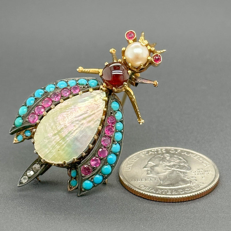 Estate 18K Y Gold M.O.P, Multi-gemstone, 0.02cttw I-J/I1 Diamond Bee Brooch - Walter Bauman Jewelers