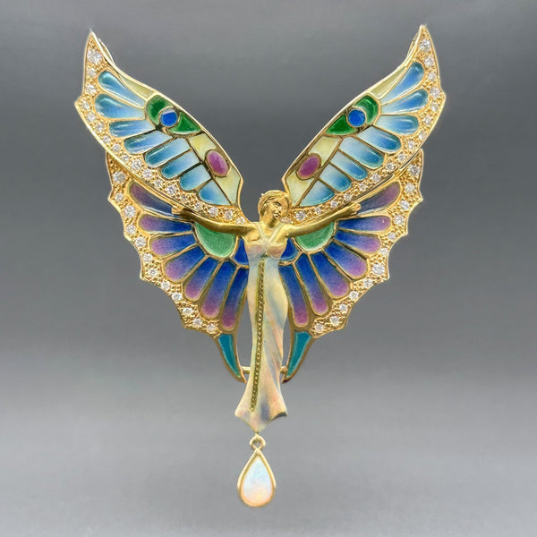Estate 18K Y Gold Nouveau 1910 1.02cttw G-H/VS1-2 Diamond 1.01ct Opal Plique A Jour Mariposa Pendant/Pin - Walter Bauman Jewelers